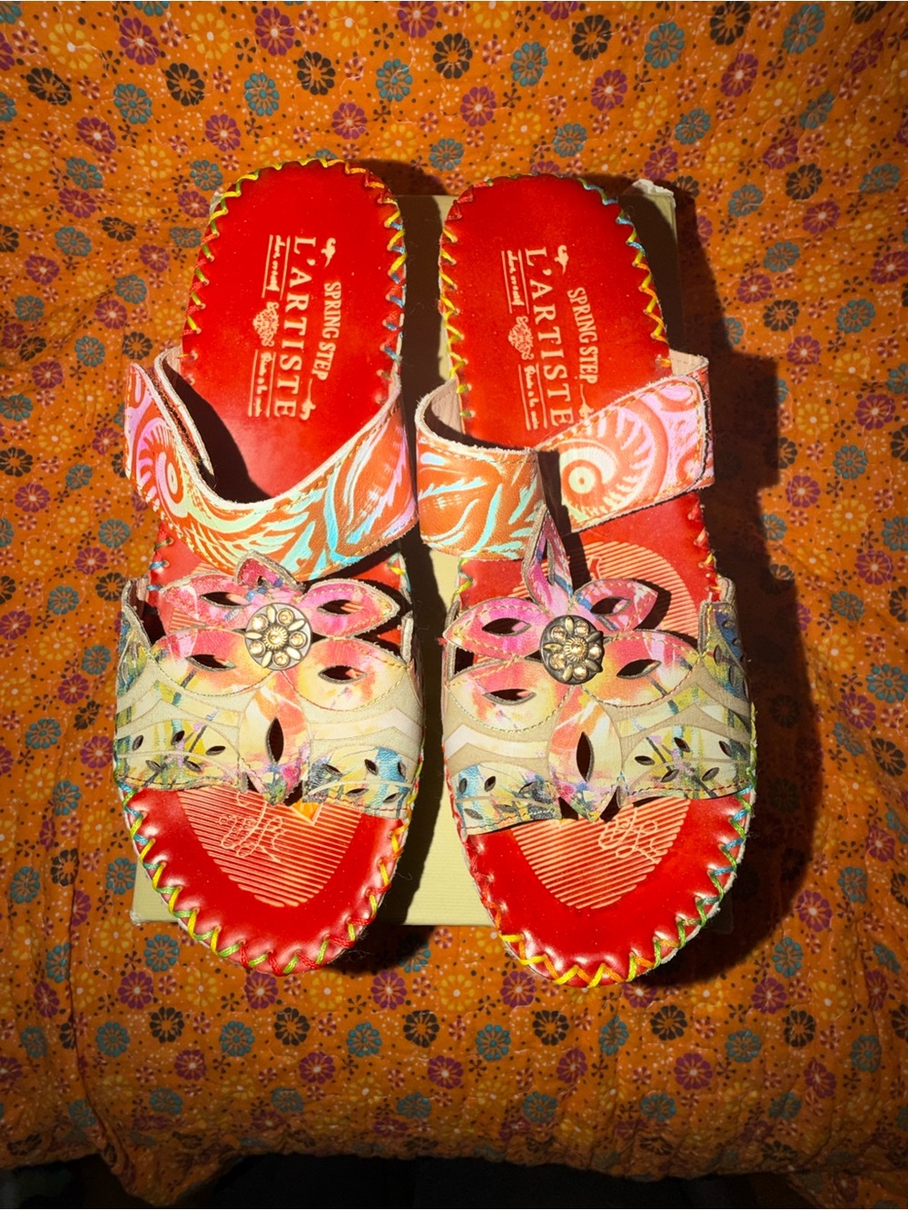 Spring Step Multicolor Floral Leather Slide Mules with Red Insole